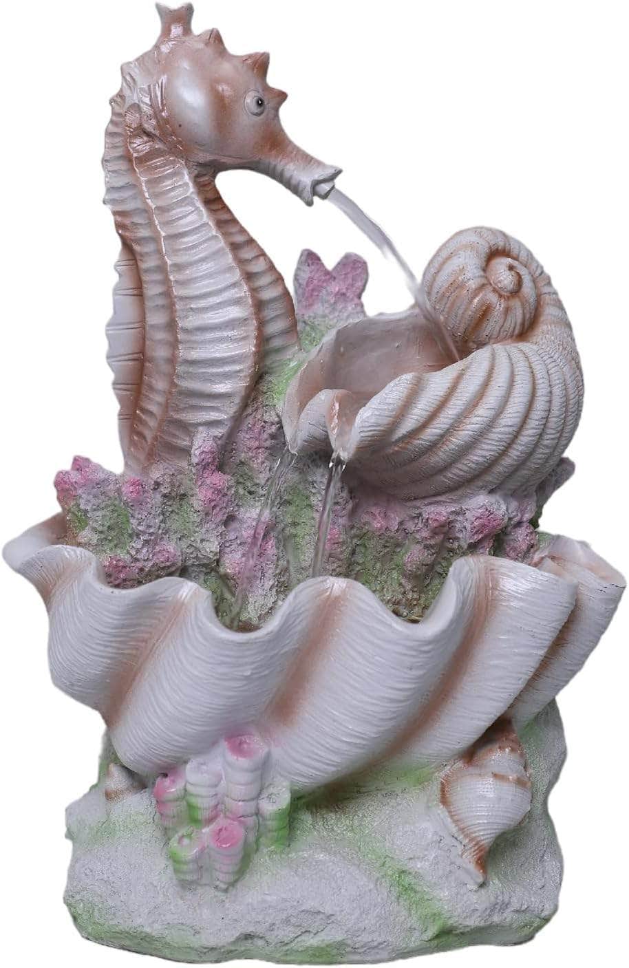 Ferrisland Tabletop Fountain Indoor, White Pink Resin Seahorse and Shell Waterfall Fountain with LED Lights and Adjustable Water Pump, 15.5" Tall Waterfall Fountain for Office and Home Decoration Ferrisland