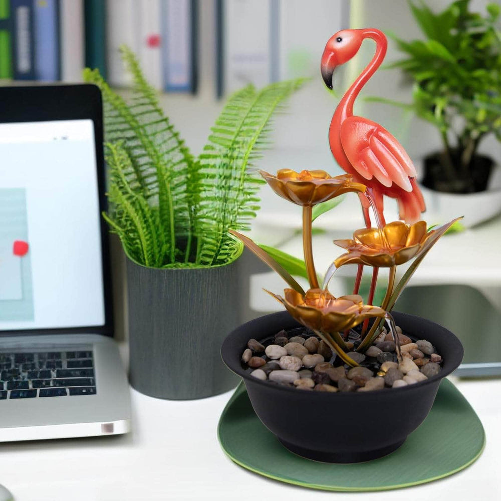 Ferrisland Tabletop Fountain Indoor with LED Lights, Flamingo & Lotus 14" 3-Tier Water Fountain with Submersible Pump, Metal Lightweight Compact Desktop Fountain & Decoration for Home Bedroom Office Ferrisland
