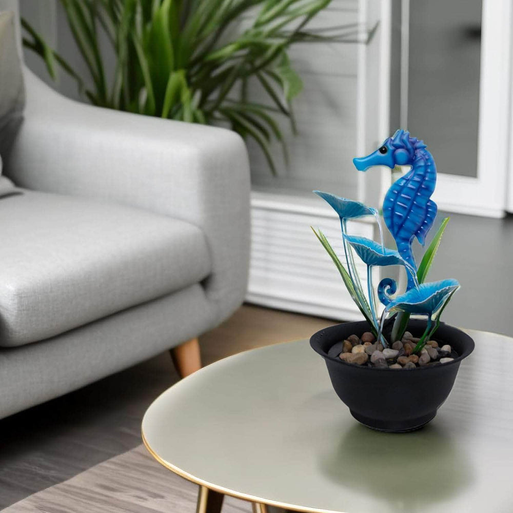 Ferrisland Tabletop Fountain Indoor with LED Lights, Sea Horse 13" H 3-Tier Water Fountain Includes Pump and Rocks, Metal Lightweight Compact Desktop Fountain & Decoration for Home Bedroom Office Ferrisland