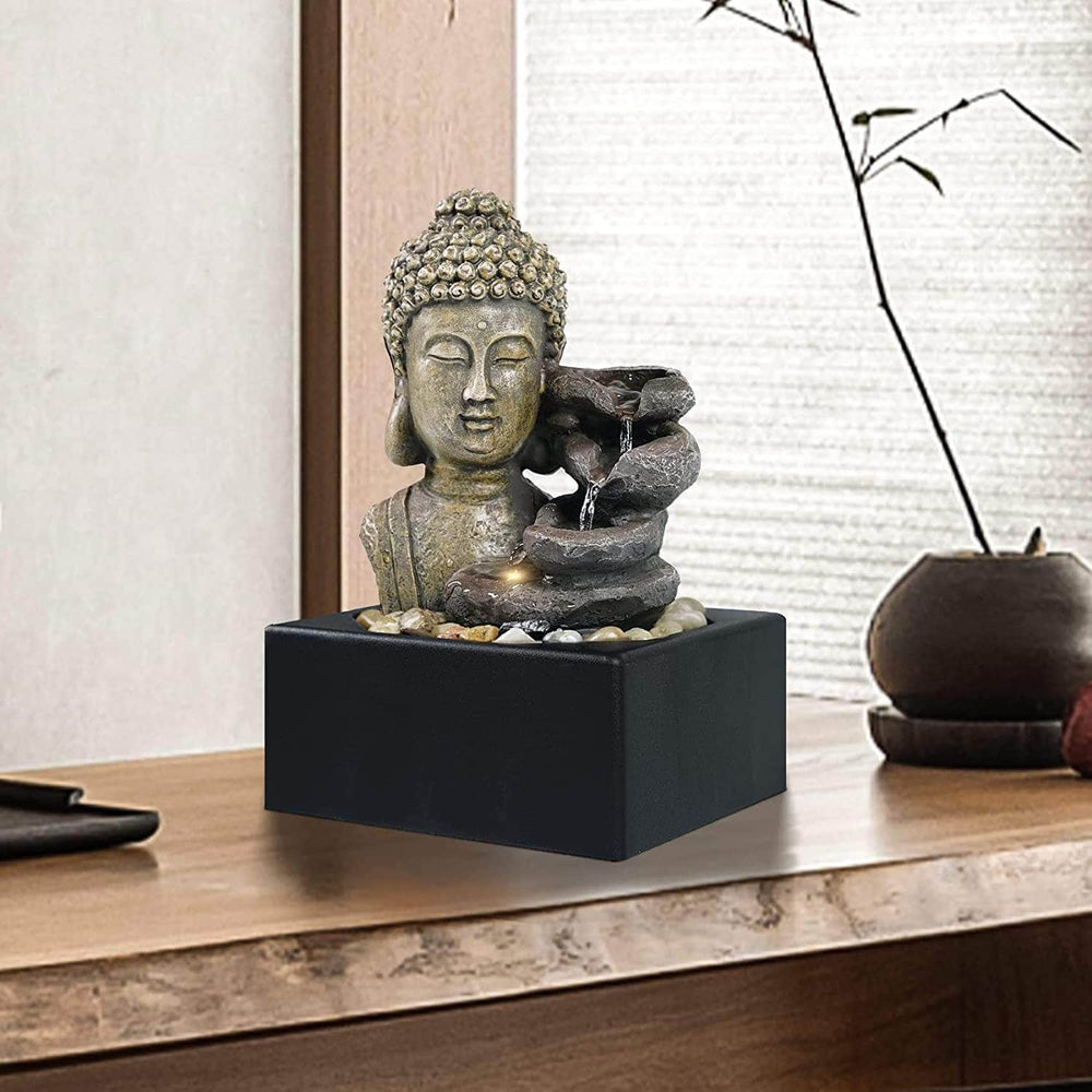 Ferrisland Tabletop Waterfall Fountain Indoor - Buddha Water Fountains 4-Tier Tabletop Waterfall of Zen Meditation Buddha Fountain with LED Ferrisland