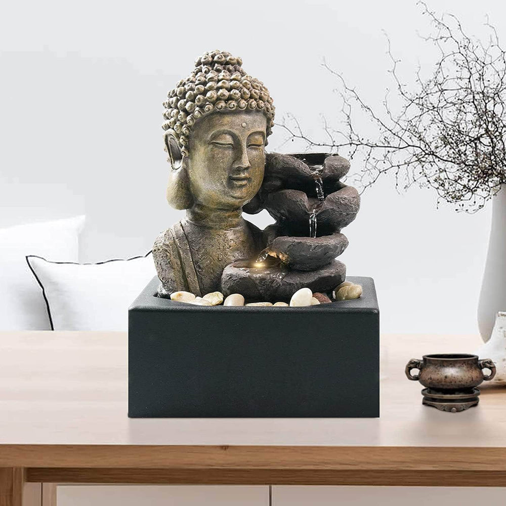 Ferrisland Tabletop Waterfall Fountain Indoor - Buddha Water Fountains 4-Tier Tabletop Waterfall of Zen Meditation Buddha Fountain with LED Ferrisland