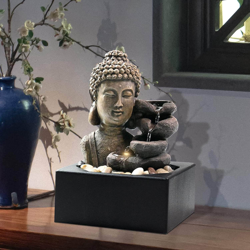Ferrisland Tabletop Waterfall Fountain Indoor - Buddha Water Fountains 4-Tier Tabletop Waterfall of Zen Meditation Buddha Fountain with LED Ferrisland