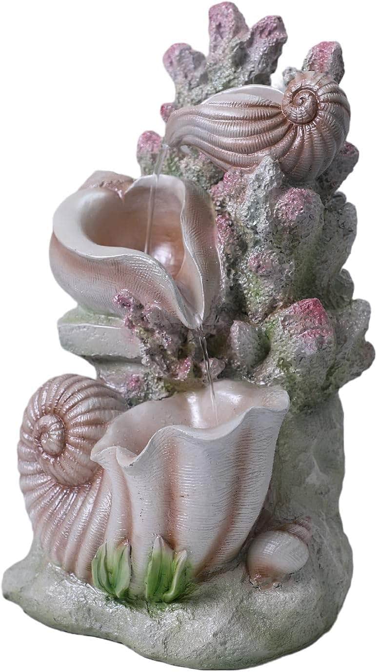 Ferrisland 3-Tier Tabletop Fountain Indoor, White Pink Resin Coral and Shell Water Fountain with LED Lights and Water Pump, 15.7" H Lightweight Waterfall Fountain for Home and Office Decoration Ferrisland