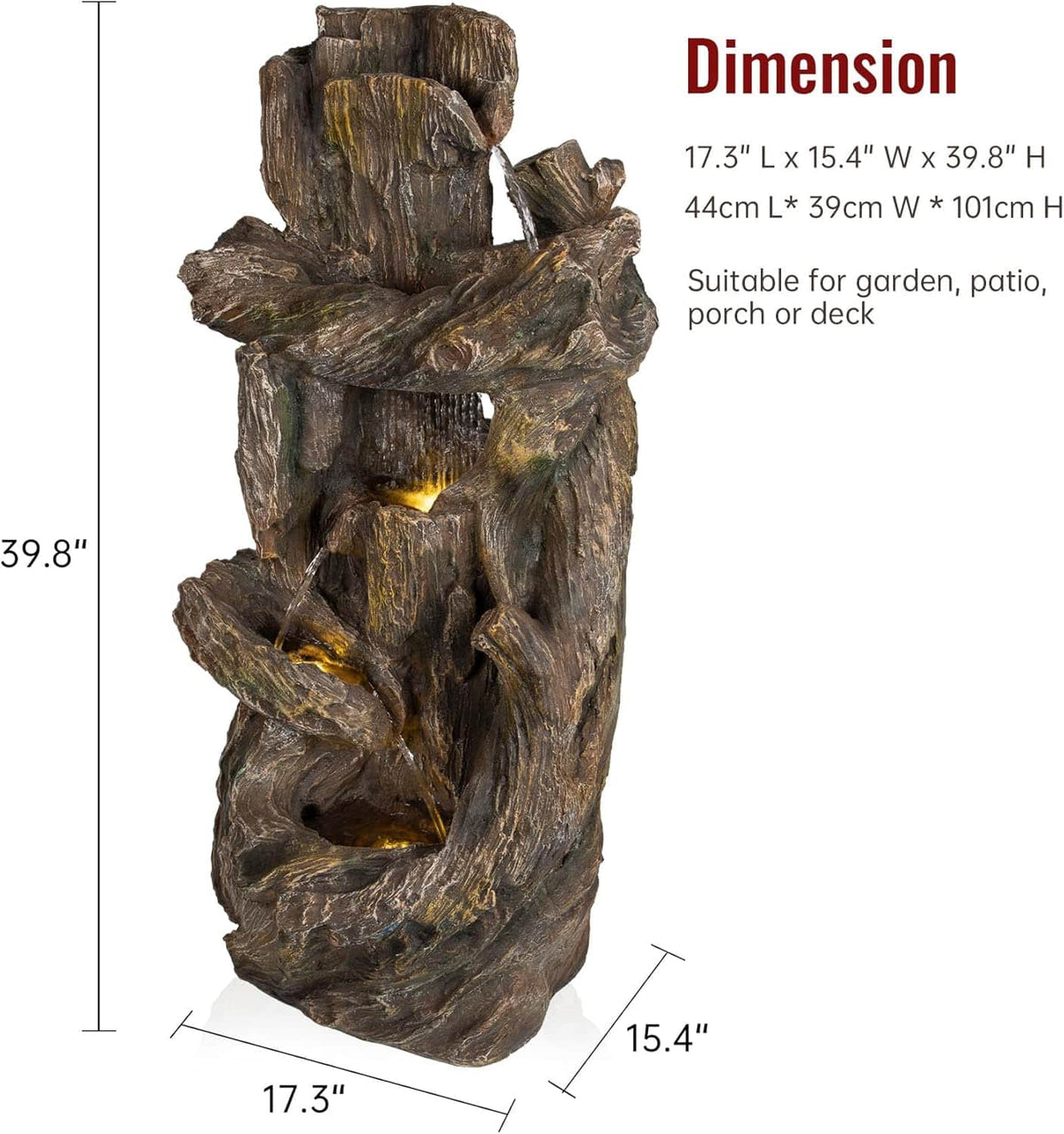 Ferrisland 5-Tiered Tree Trunk Large Water Fountain with LED Lights and Pump, 39.8" Tall Outdoor Freestanding Fountain, Realistic Wood Natural Looking Floor Resin Statue for Garden Patio & Backyard Ferrisland