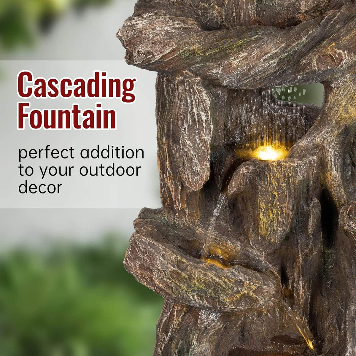 Ferrisland 5-Tiered Tree Trunk Large Water Fountain with LED Lights and Pump, 39.8" Tall Outdoor Freestanding Fountain, Realistic Wood Natural Looking Floor Resin Statue for Garden Patio & Backyard Ferrisland