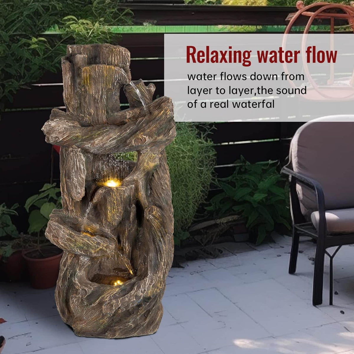 Ferrisland 5-Tiered Tree Trunk Large Water Fountain with LED Lights and Pump, 39.8" Tall Outdoor Freestanding Fountain, Realistic Wood Natural Looking Floor Resin Statue for Garden Patio & Backyard Ferrisland