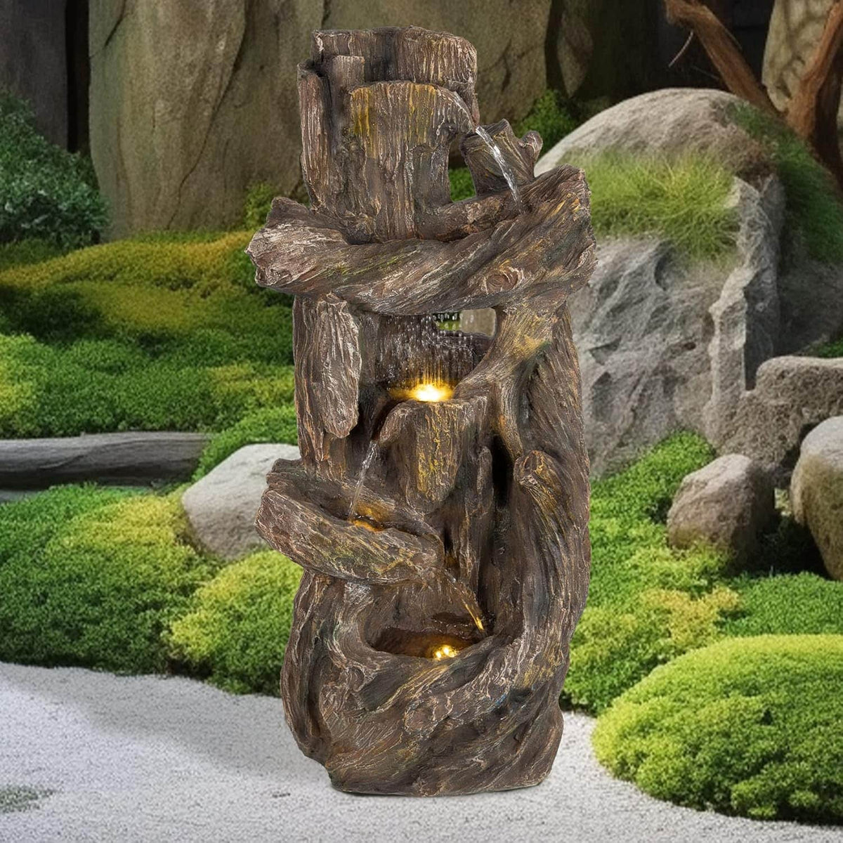 Ferrisland 5-Tiered Tree Trunk Large Water Fountain with LED Lights and Pump, 39.8" Tall Outdoor Freestanding Fountain, Realistic Wood Natural Looking Floor Resin Statue for Garden Patio & Backyard Ferrisland