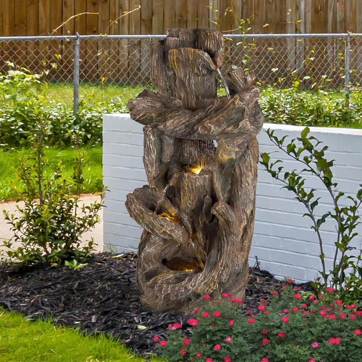Ferrisland 5-Tiered Tree Trunk Large Water Fountain with LED Lights and Pump, 39.8" Tall Outdoor Freestanding Fountain, Realistic Wood Natural Looking Floor Resin Statue for Garden Patio & Backyard Ferrisland