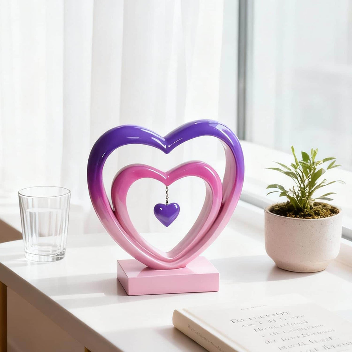 Ferrisland 9.45 Inch Resin Heart Sculpture Decorative Centerpiece - Modern Art Home Decor, Thanksgiving Valentines Day for Her, Unique Romantic Desktop Ornament (Pink&Violent) Ferrisland