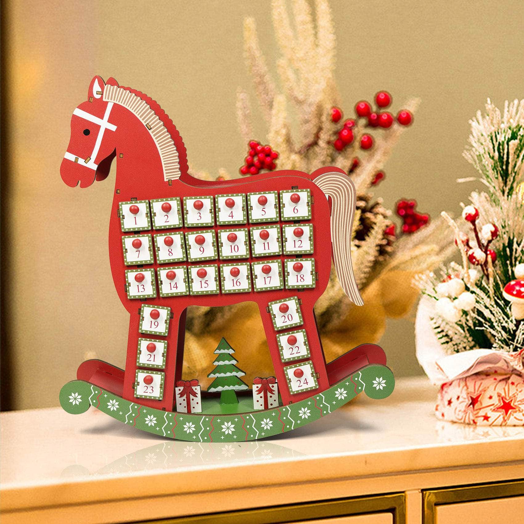 Ferrisland Countdown to Christmas Red Wooden Horse Led MDF Holiday Advent Calendar Ferrisland Countdown to Christmas Red Wooden Horse Led MDF Holiday Advent Calendar
