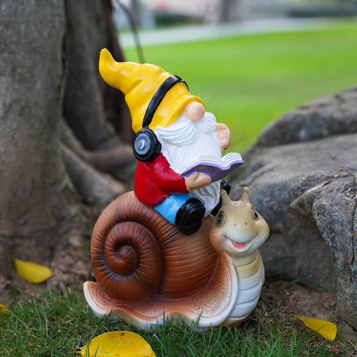 Ferrisland Garden Gnomes Snail Outdoor Figurines with Solar Lights, 10.4 inches Resin Solar Gnomes Decoration Yard Outdoor Garden, Patio Yard Lawn Birthday Housewarming Mother's Day（Gnome on Snail） Ferrisland