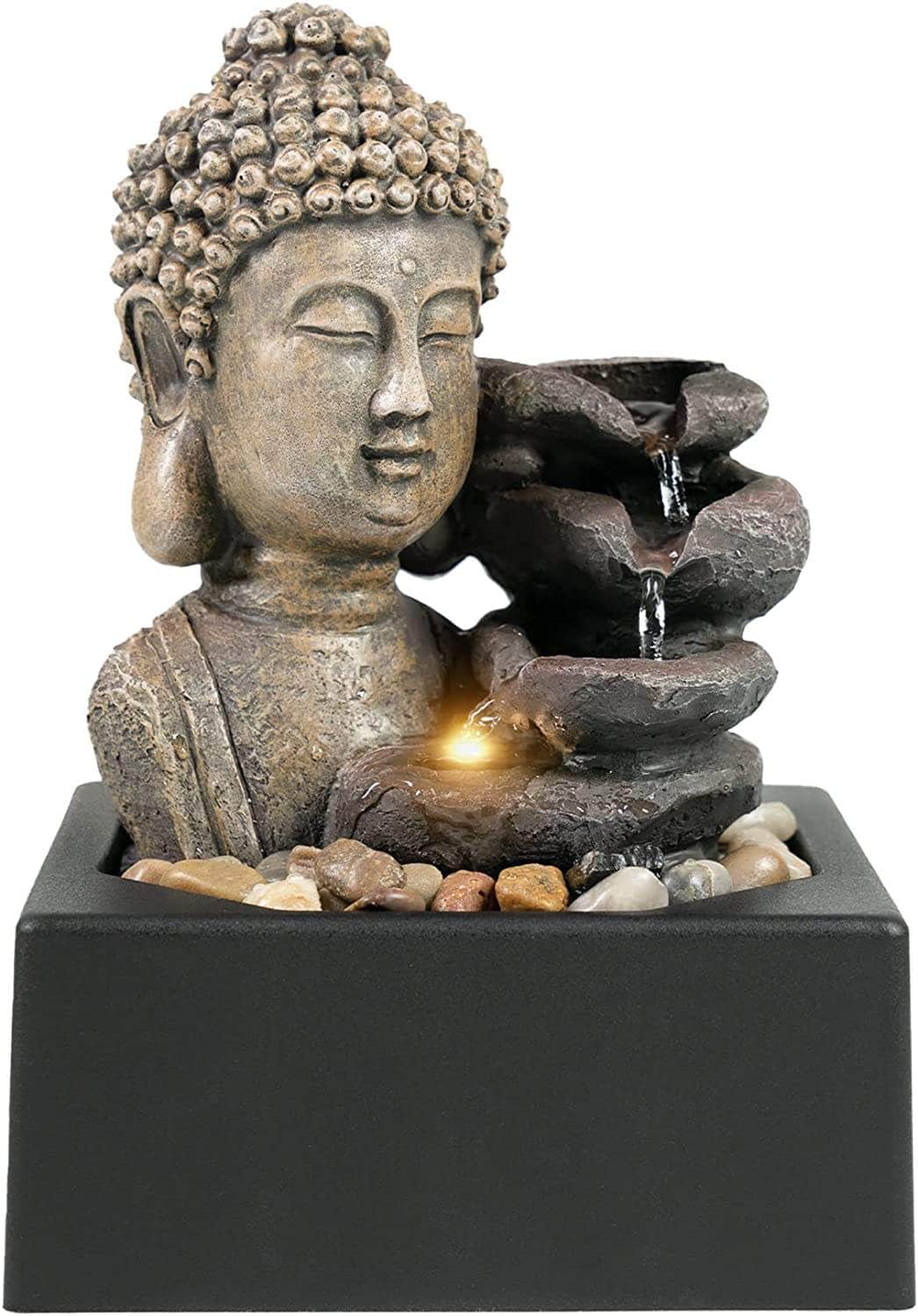 Ferrisland Tabletop Waterfall Fountain Indoor - Buddha Water Fountains 4-Tier Tabletop Waterfall of Zen Meditation Buddha Fountain with LED Ferrisland