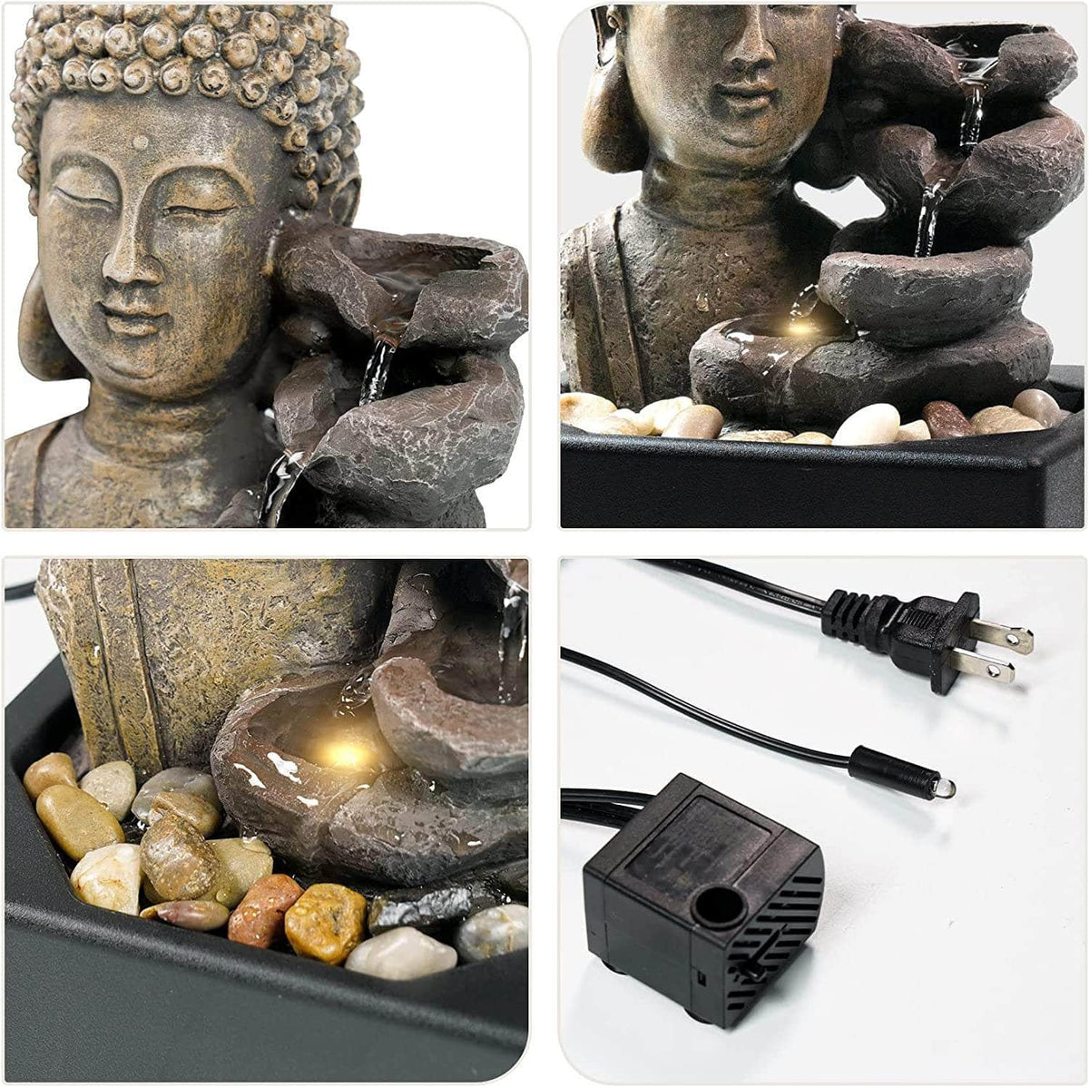 Ferrisland Tabletop Waterfall Fountain Indoor - Buddha Water Fountains 4-Tier Tabletop Waterfall of Zen Meditation Buddha Fountain with LED Ferrisland