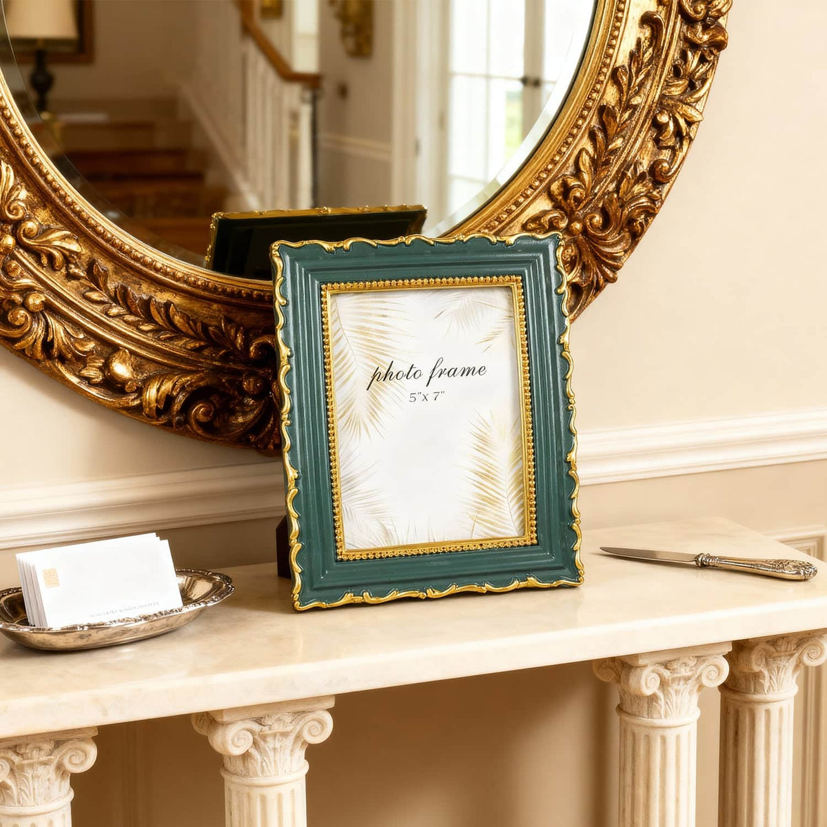 Ferrisland Vintage Picture Frame, 5X7 Green Antique Ornate Picture Frame, Victorian Retro Decorative Photo Frames for Tabletop & Wall, Gift Idea Ferrisland