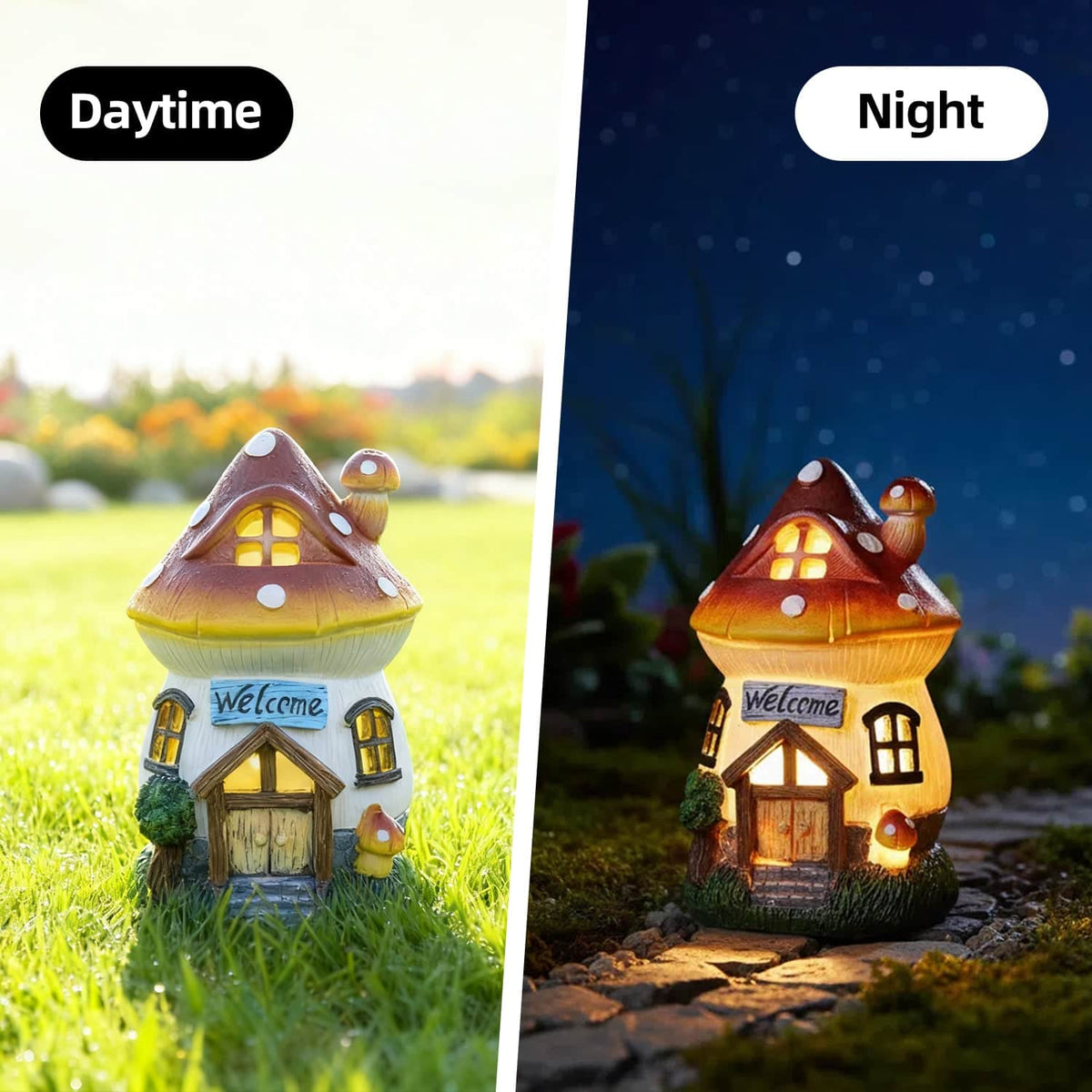 Garden Outdoor Figurines Statue with Solar Lights,Solar Mushroom House Decorations for Yard Outdoor Garden, Patio Yard Lawn, Gifts for Girls Birthday Housewarming Mother's Day (Mushroom House) Ferrisland