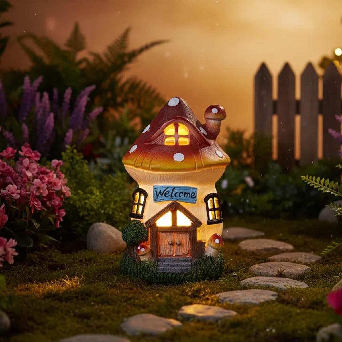 Garden Outdoor Figurines Statue with Solar Lights,Solar Mushroom House Decorations for Yard Outdoor Garden, Patio Yard Lawn, Gifts for Girls Birthday Housewarming Mother's Day (Mushroom House) Ferrisland