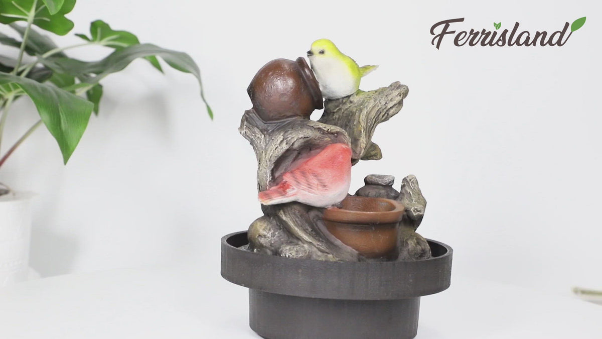 Load video: Ferrisland® Birds Waterfall Desktop Fountain with Color LED Lighting