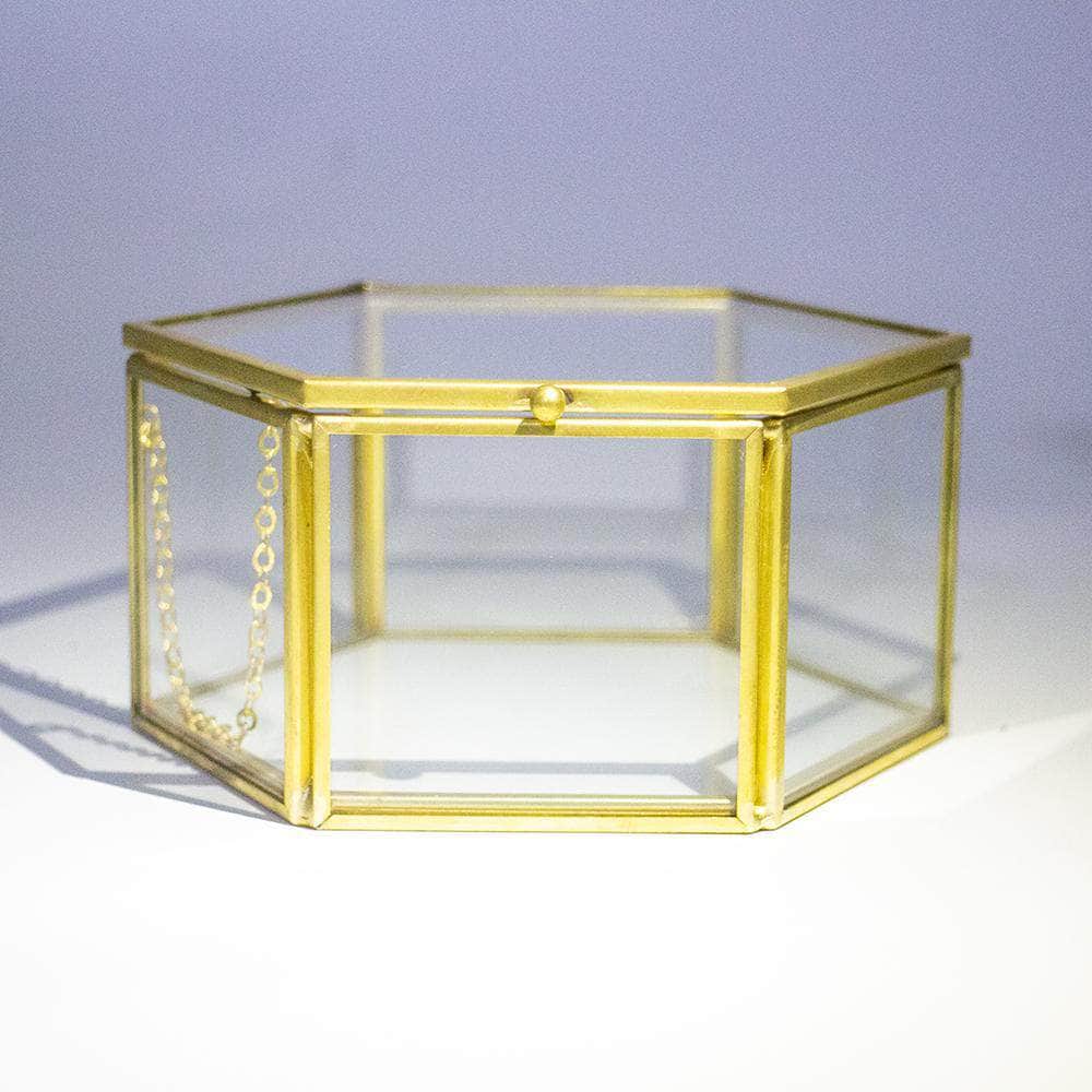Golden Jewelry Glass Box Faceted Hexagonal Terrarium